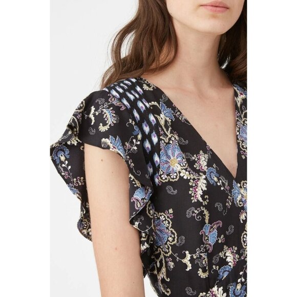 New Rebecca Taylor Ruffle Sleeve Paisley Silk Blend A-line Dress Black Combo 4 - Picture 9 of 14